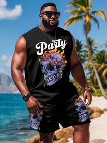 一套加大码男士骷髅字母印花上衣套装 - 透气涤纶面料，圆领背心和短裤，适合锻炼、健身、节日派对、训练