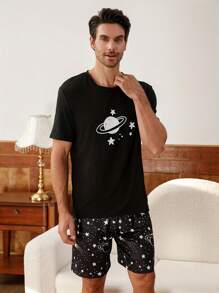 Set de pijamale pentru bărbați, cu mâneci scurte, cu imprimeu planetă, cu mâneci scurte, îmbrăcăminte ușoară de vară