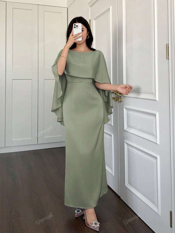 Elegant Slim Fit Shawl Collar Cinched Waist Solid Color Casual Daily Dress, Minimalist Style,Modest