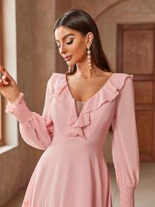 Elegantes, einfarbiges, ausgestelltes Maxi-Brautjungfernkleid mit Rüschensaum - Pink - Übersicht 6