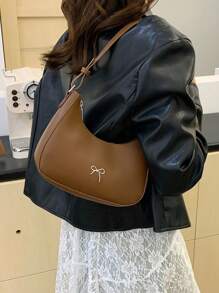 Simple New Bow Decor Solid Color PU Leather Handbag, Lightweight Outdoor Travel Vacation Crescent Bag, Elegant Business Commuting Underarm Bag For Daily Office Use, Versatile Street Shopping Cell Phone Coin Baguette Bag, Women Shoulder Bags