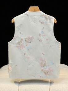 优雅手工纽扣领高端提花缎休闲马甲唐装