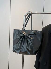 Fashionable Solid Color Shoulder Tote Bag With Butterfly Decor, Elegant And Cute Bowknot Ladies Handbag, Versatile Work Bag - Black - View 6