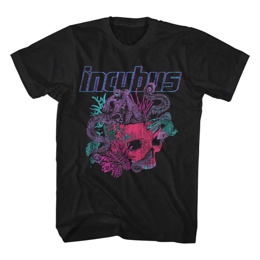 Incubus 90s Rock Band Octopus Skull Sketch Adult Short Sleeve T Shirt Graphic Tees Fashionable Plus Size Women's T-Shirt, Super Soft And Breathable Cotton | Comfortable Fit, Versatile Everyday Style, Suitable For All Seasons. - 黑色 - 查看 1