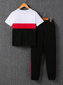 Tween Boy 2pcs Summer Contrast Color Letter "KING" Print Round Neck Short Sleeve Top And Full Length Pants Sports Casual Set, For 7-11 Years Old, PE, Student