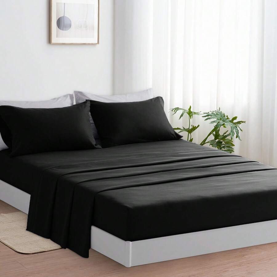 Luxurious And Breathable Bedding Set Includes 1 Durable Duvet Cover, 1 Soft Fitted Sheet And 1/2 Pillowcases - Ultra-Soft Cotton That Is Wrinkle-Resistant, Hypoallergenic And Easy To Care For. - 黑色 - 查看 1