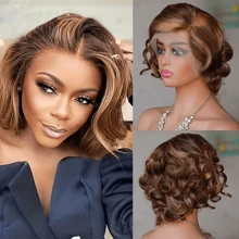 10 Inch 13X4 Transparent Lace HD Lace Front Wig With Baby Hair #4/27 Highlight Natural Wave Glueless Human Hair Water Wave Wig Pre Plucked With Bleached Knots 200 Density For  Woman