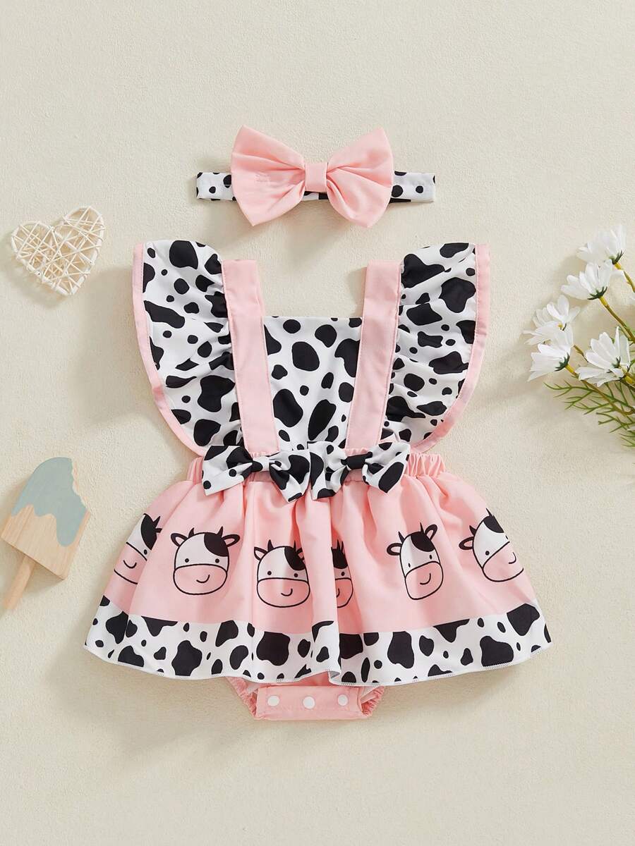 Monos de verano para niñas con estampado de abeja, mariquita, vaca y elefante, con dobladillo y mangas abullonadas y diadema - Rosa - Ver 1