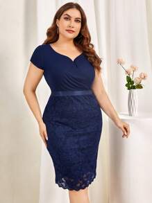 Plus Sweetheart Contrast Floral Lace Hem Semi Formal Party Bodycon Dress, For Cocktail - Navy Blue - View 6
