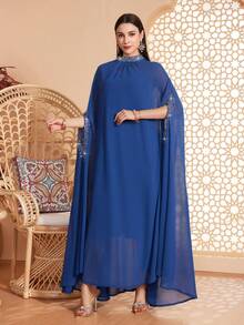 Women's Solid Color Stand Collar, Cuff & Neckline Embellished With Beading, Rhinestones, Asymmetrical Hem Long 2 Pieces Arabic Abaya, Suitable For Various Occasions - Festivals, Gatherings, Daily Wear, Soft & Comfortable - Blue - View 3
