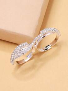 STONEFANS 1pc Silver Luxury Double Finger Ring, Fashionable Unique High-End Fully Rhinestone Decorated Finger Ring Jewelry For Women