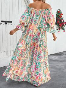 Vestido con mangas medias estampado en estilo bohemio para mujer, con cuello barco, mangas holgadas con volantes, estampado completo en estilo paisley, ideal como vestido largo tipo pareo para la primavera/verano, de uso casual diario