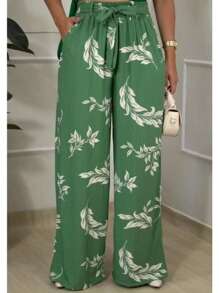 Printed High-Waisted Palazzo Pants With Pockets, Lining And Ties - Green Printed Trousers - View 2