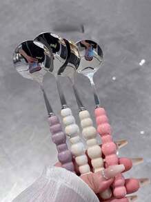2/3 Pcs Colorful Pearl Stainless Steel Spoons With Plastic Handles, Cute Soup/Dessert Spoons, Girls Style Home Utensils,School Supplies