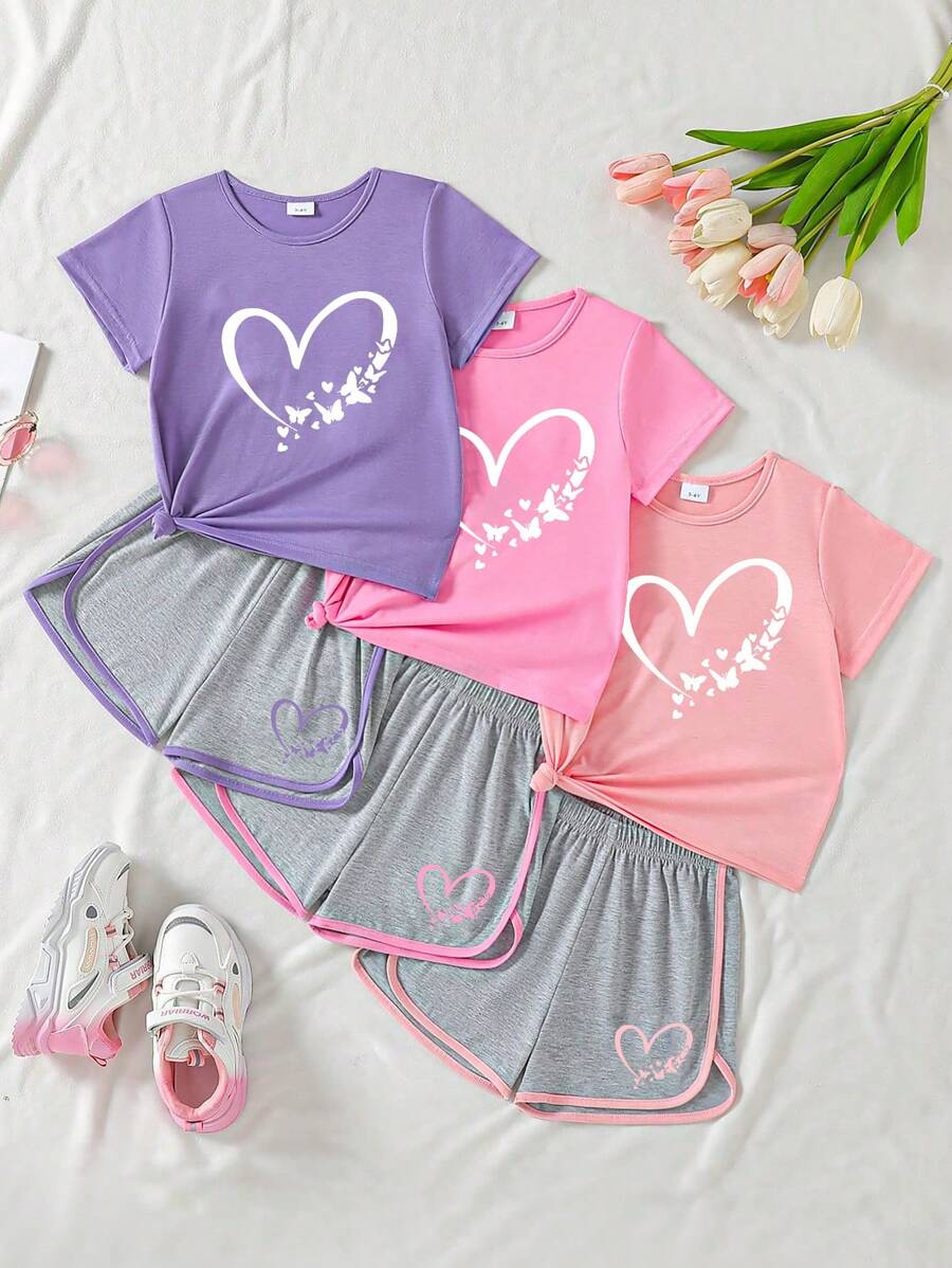 Bộ quần short họa tiết trái tim trơn mùa hè cho bé gái, bộ đồ nhiều mảnh thường ngày - Nhiều màu - Xem 1
