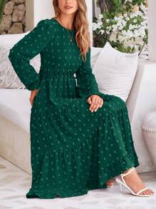 Women's Fall And Spring Elegant Long Sleeve Long Dress Swiss Polka Dot A Elegant Casual Holiday Wedding Party Going Out Dress - 深綠色 - 查看 2