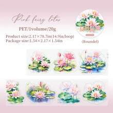 1 Rollo de cinta adhesiva con estampado de loto recortado, cinta adhesiva con pegatinas de plantas frescas para planificadores, serie de estanque de lotos de verano