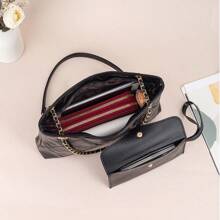 Un set de sac fourre-tout pour dames en polyester matelassé et brodé, doublure en PU noir unicolore. Style mature et luxueux, convient pour le shopping, les sorties et les cadeaux