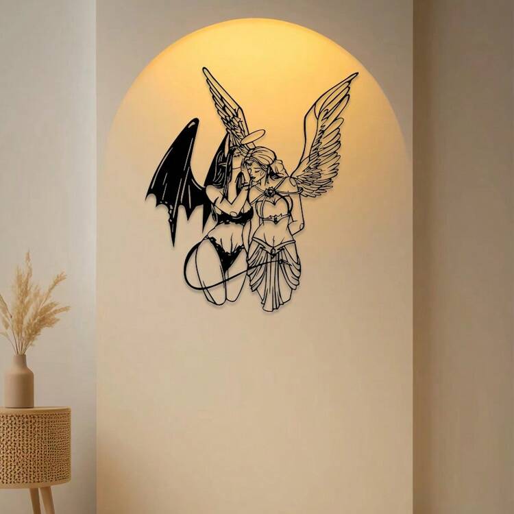 1 peça Angel & Devil Embrace Metal Wall Art, decoração preta minimalista com acabamento lavável, perfeita para quarto ou sala de estar, presente exclusivo para amantes de anjos e demônios, decoração de arte de parede de metal - Multicolorido - Ver 1