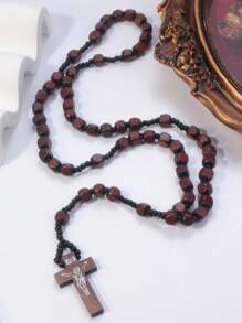 1 件复古耶稣木珠链，手工制作的天主教基督教祈祷项链配饰