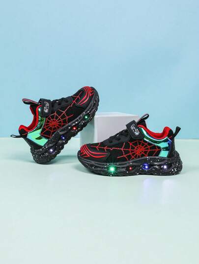 1 Pair Fashion LED Glowing Spider Web Design Breathable Sports Shoes, Suitable For Boys And Girls - Casual, Shock Absorbing, Non-Slip Outdoor Running And Walking Shoes For All Seasons