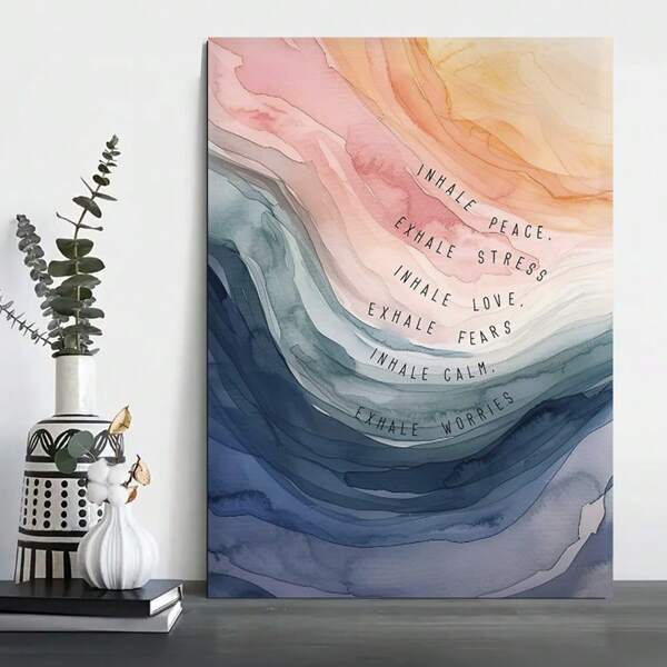Framed Mental Health Poster Inhale Exhale Meditation Wall Art Vintage Abstract Watercolor Canvas Prints For Therapy Office Calming Corner Wall Decor