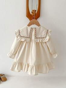 1 件装女童褶皱下摆刺绣领公主裙，休闲舒适长袖，适合春夏季