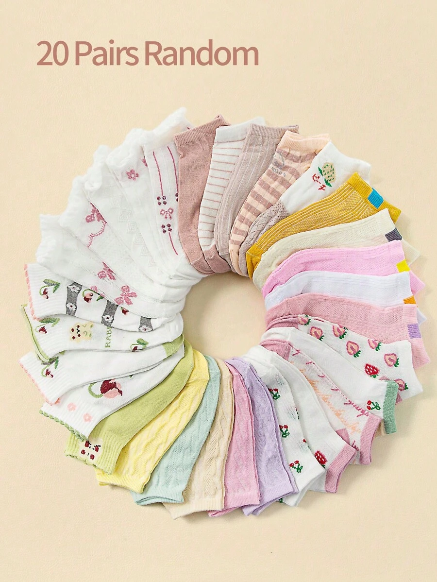 1/5/10/20 Pairs Women Short Candy Color Cute Fruit Bow Soft Comfortable Casual Ankle Socks, Suitable For Valentine's Day Gifts Or Daily Wear, Random Color (Multiple Combination Options Available) - Multicolor - View 1