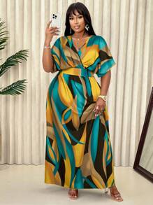 Plus Size Women Geometric Print V-Neck Short Sleeve Casual Dress (Random Floral Pattern) - Blue Yellow - View 2