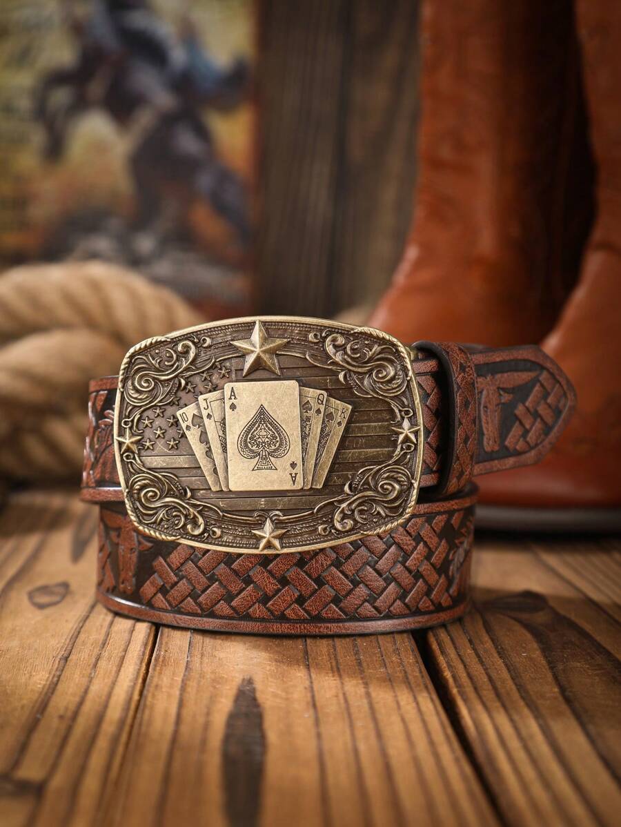 1pc Boho Western Cowboy Style Poker Embossed Metal Buckle Vintage Dark Brown PU Leather Belt Summer, School Casual, Business, Boyfriend Husband Father Dad Men Gift, Daily Wear, Fashion, Teen, Outdoor, Vacation, Athletic, Travel, Street, Boho, Vintage Fall, Autumn, Halloween Autumn-Winter Accessories,Suitable For Teens, Youth,Men,Casual, Outdoor, Athletic, Vacation, Graduation Gifts, Birthday, Daily Wear - As Shown - View 1