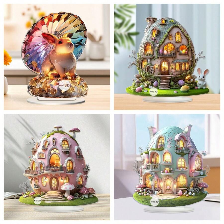Lapin de dessin animé, château d'œuf de Pâques 2D, décorations de support en acrylique pour cabinet d'affichage de salon, étude, décoration de bureau