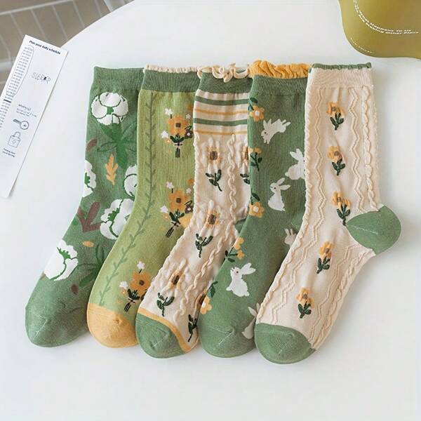 5 Pairs Of Midsole Women's Spring Fresh Green Plant Flower Lace Ribbed Soft And Comfortable Sweat Absorbing Breathable Casual Socks