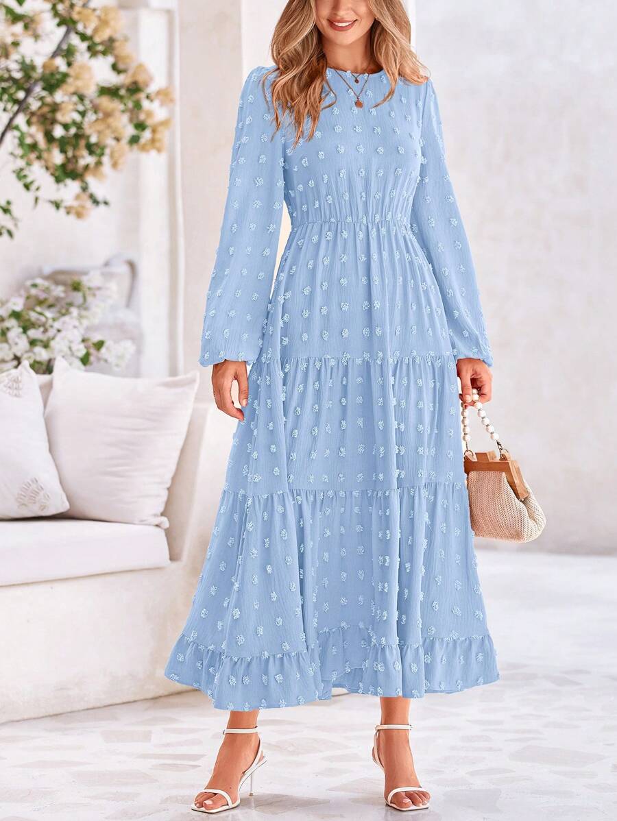 Women's Autumn Spring Elegant Long Sleeve Long Dress Swiss Polka Dot A Elegant Casual Holiday Wedding Party Going Out Dress - 淺藍色 - 查看 1