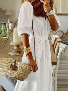 Women's Spring And Summer Thin Shirt Dress Open Collar Solid Color Loose Shirt Dress Tie Puff Sleeves Short Sleeves Non-Elastic Casual Commuting French Style Simple Slouchy Style Elegant Women's Vacation Wear Graduation Season Valentine's Day Independence Day Back To School Season Gift Ladies Dress