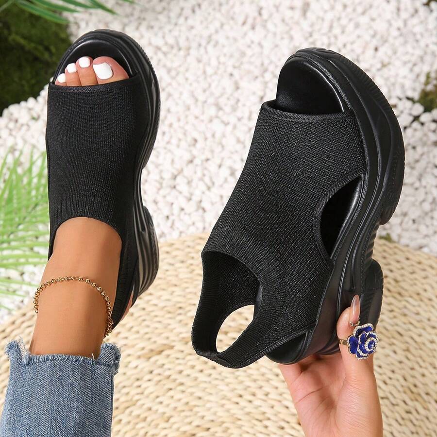 Damen Plateausandalen einfarbig, Lässig Offene Zehen Plateau-Sohle Schuhe, Sommer Schnür-Sandalen Modische Sneaker - Schwarz - Übersicht 1