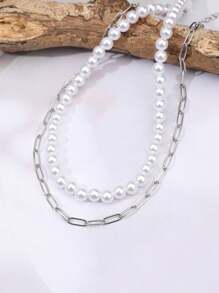 2pcs Necklace Set, European And American Style Dual-Layer Faux Pearl Necklaces, Unisex Personalized Design, Versatile Chokers For Women And Men - Butterfly - View 4