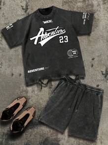 Lonblece Vintage American Style Casual Sports Outfit For Men, Washed High-End Loose Fit Matching T-Shirt And Shorts Set