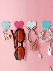 2/3/5 Pcs Pink Heart Shaped Adhesive Hooks, Stainless Steel Hanging Hooks For Girl's Room Decor, Dorm Bathroom Wall