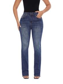 Plus Size Women Straight Leg Jeans High Rise Slit Hem Bootcut Stretchy Denim Pants Casual Daily