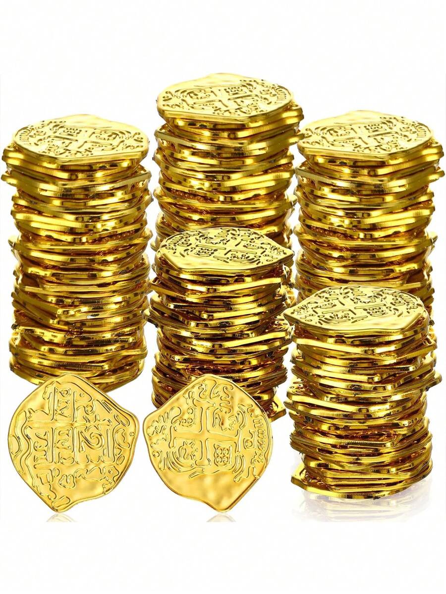 20pcs-Pirate Coin Plastic Fake Game Coin Replica Spanish Double Bloom Used For Pirate Party Board Game Token Toy Role-Playing (Gold) Asymmetric Pirate Coin - Gold - View 1