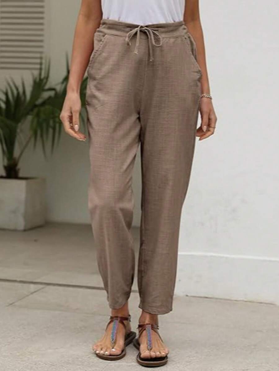 Linen Pants For Women Summer Casual High Waisted Drawstring White Beach Pant - Màu Khaki - Xem 1