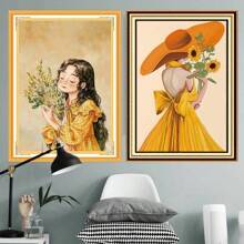 qingfei 20x40cm Pełny haftowany obraz z kreskówkową dziewczynką z kwiatami, dekoracja ścienna do salonu lub sypialni, wyprodukowany w Kambodży