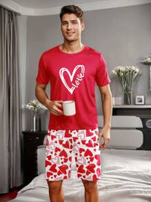 男士心形印花睡衣套装，家居睡衣 - 紅色 - 查看 4