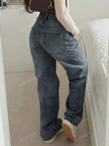 MYOURSA Jeans en denim simple et décontracté avec poches avant à boutons pour femmes