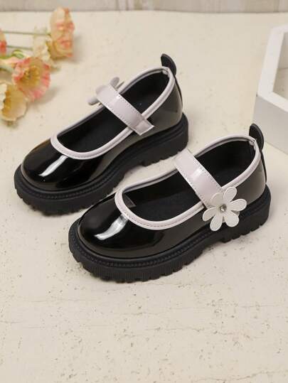 1 双时尚可爱蝴蝶结 PU 仿珍珠钩环防滑耐磨舒适百搭玛丽珍平底鞋，适合女童，适合春秋季户外、休闲、派对和学校穿着