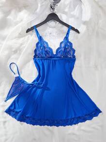 Women's Solid Color Mesh Contrast Lace See-Through Sexy Camisole Nightgown, Rave - Royal Blue - View 3