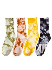 4 Pairs Women Tie Dye Mid-Calf Sports Socks, Colorful Gradient Couples Street Sports, Skate, Basketball Socks