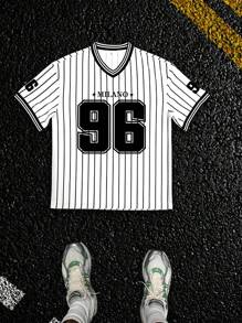 Men's Casual Striped Black & White Graphic V-Neck 96 Numeral Print Short Sleeve Sports T-Shirt, Summer