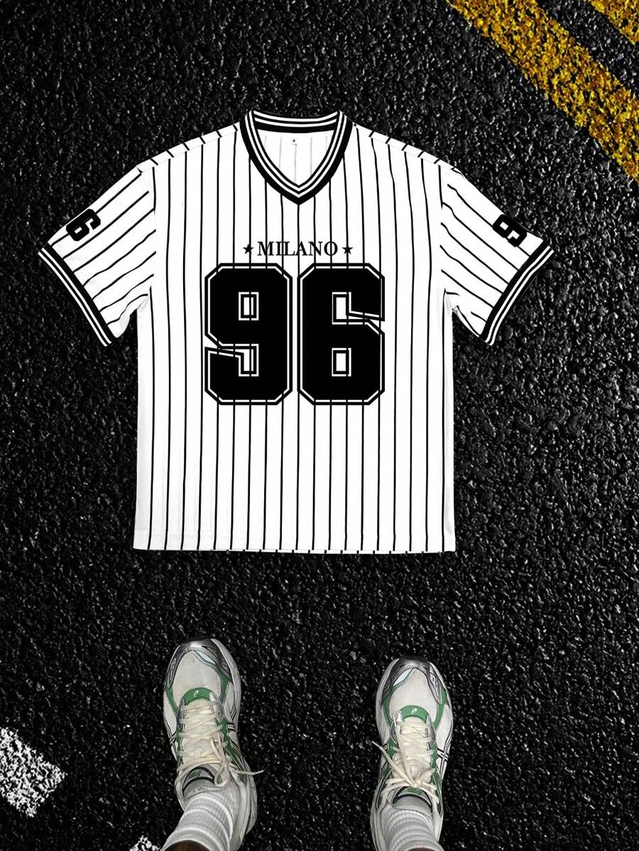 Men's Casual Striped Black & White Graphic V-Neck 96 Numeral Print Short Sleeve Sports T-Shirt, Summer