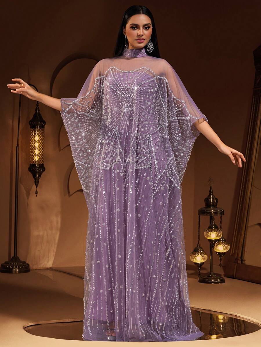 New Luxury High-End Sequin, Sequins & Lace Patchwork Elastic Underlayer Women's Elegant 2 Pieces Turkish Robe Dress (Size Runs Large, Customers Advised To Check Size Chart When Ordering) - Màu tím - Xem 1